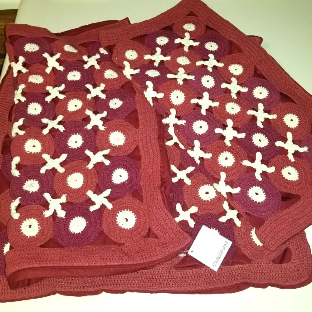 New Crate & Barrel Three Red Crochet Pillow Covers Set 21 x 21